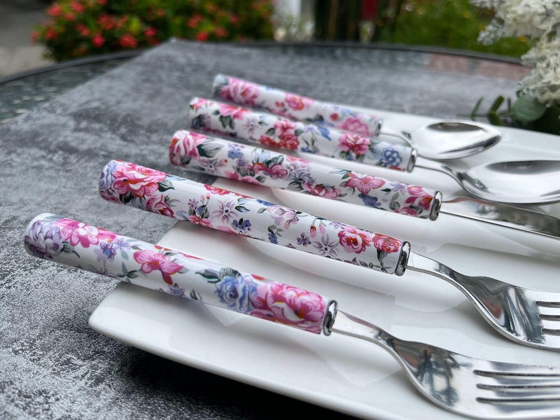 Pretihome Elegant Peony Flower 20-Piece Stainless Steel Flatware Set â€“ Durable, Modern Cutlery set, Service for 4 People, Perfect for Home, Weddings, Parties, and Everyday Use (Plastic Handle, Dishwasher Safe) - Image 4